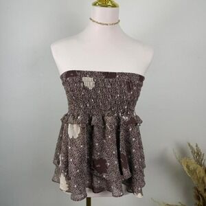 Sienna Sky Medium Brown Floral Print Strapless Smocked Babydoll Top